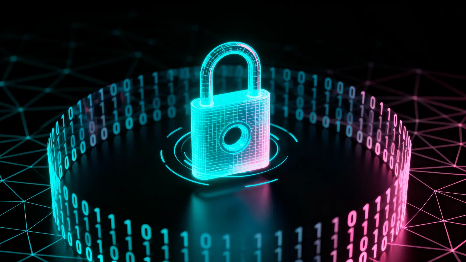 Glowing turquoise wireframe padlock surrounded by a ring of binary digits on a network mesh