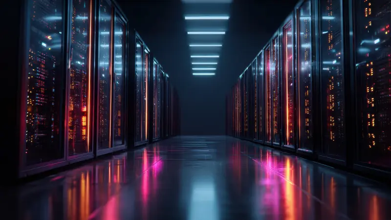 Dark aisle in a data center between server racks, pink and orange lights reflected on the floor