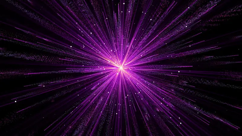Violet light rays burst outward from a bright point at the center, like a jump into hyperspace