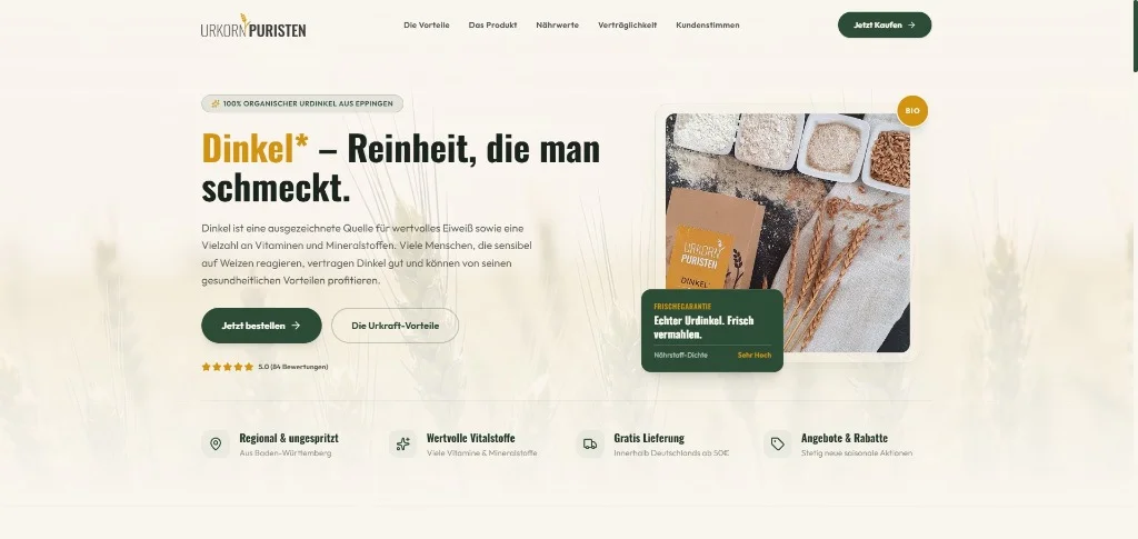 Screenshot of the project Landing page for spelt flour